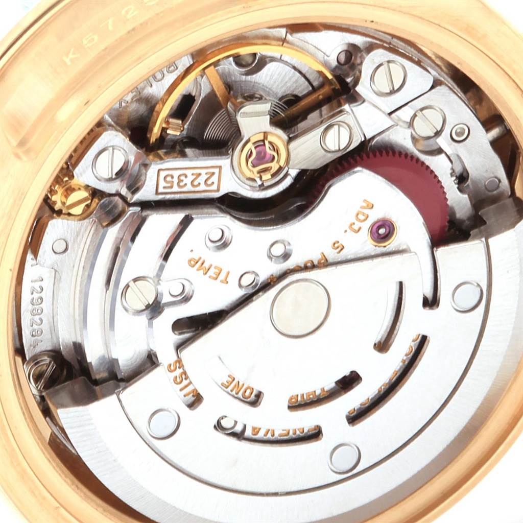 This image shows the intricate internal mechanical components of a Rolex President 179138 Women's Yellow Gold Silver Dial 179138 Women's Yellow Gold Silver Dial model watch, viewed from the back.