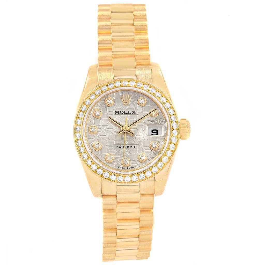 This is a front view of the Rolex President 179138 Women's Yellow Gold Silver Dial 179138 Women's Yellow Gold Silver Dial model watch, showcasing its face, bezel, and bracelet.