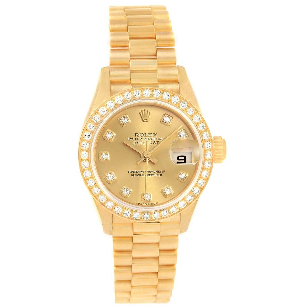 The image shows a Rolex President 79138 Women's Yellow Gold Champagne Dial 79138 Women's Yellow Gold Champagne Dial model watch from the front, highlighting its gold bracelet, diamond-studded bezel, and date display.