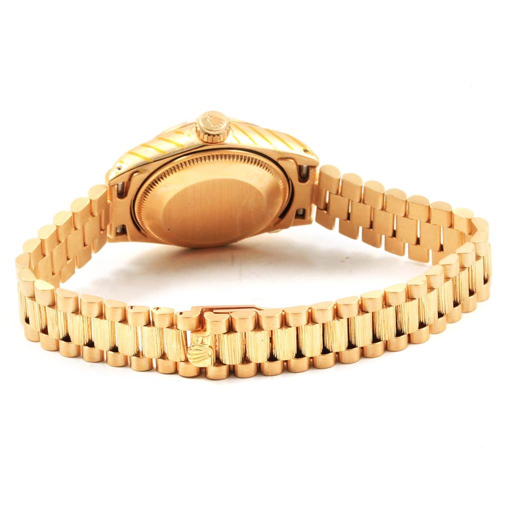 This image shows the back and bracelet of a Rolex President 6927 Women's Yellow Gold Champagne Dial 6927 Women's Yellow Gold Champagne Dial model watch, highlighting the clasp and caseback.