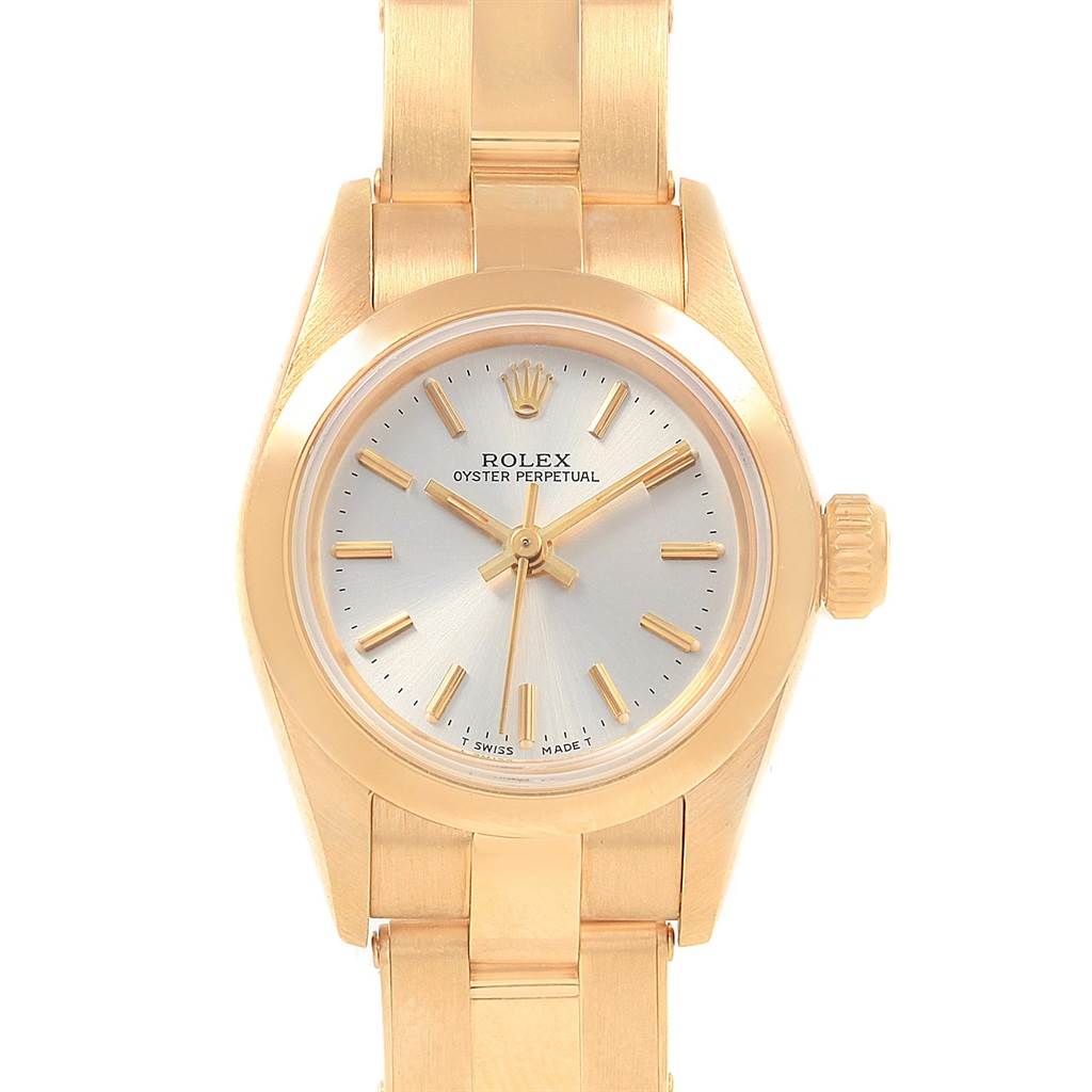 The image shows a front view of the Rolex President 67188 Women's Yellow Gold Silver Dial 67188 Women's Yellow Gold Silver Dial model watch, displaying its face, case, and part of the bracelet.