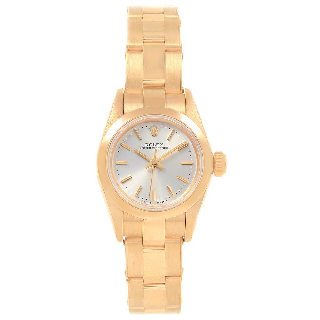 The Rolex President 67188 Women's Yellow Gold Silver Dial 67188 Women's Yellow Gold Silver Dial model watch is shown from a straight-on angle, displaying the face, case, and bracelet.