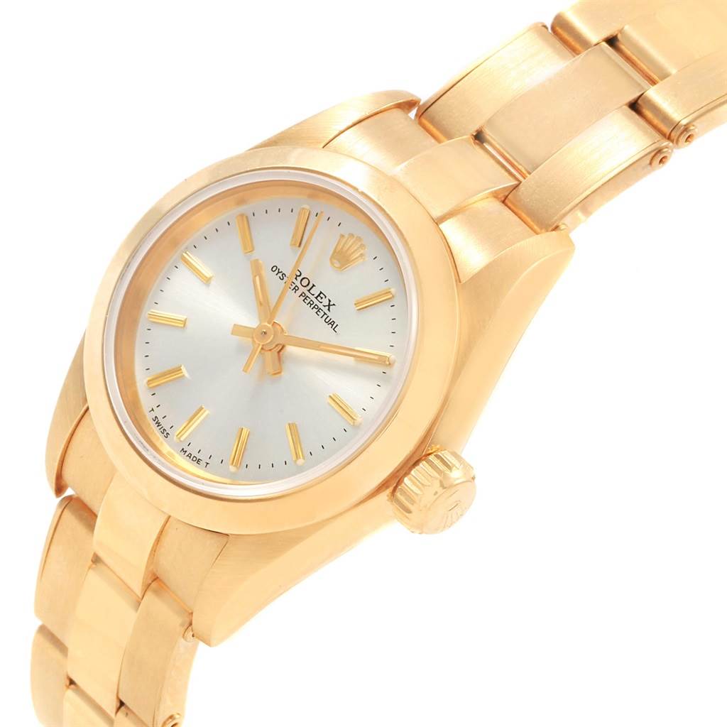 The image shows a close-up angled view of the Rolex President 67188 Women's Yellow Gold Silver Dial 67188 Women's Yellow Gold Silver Dial model watch, highlighting the dial, crown, and part of the bracelet.