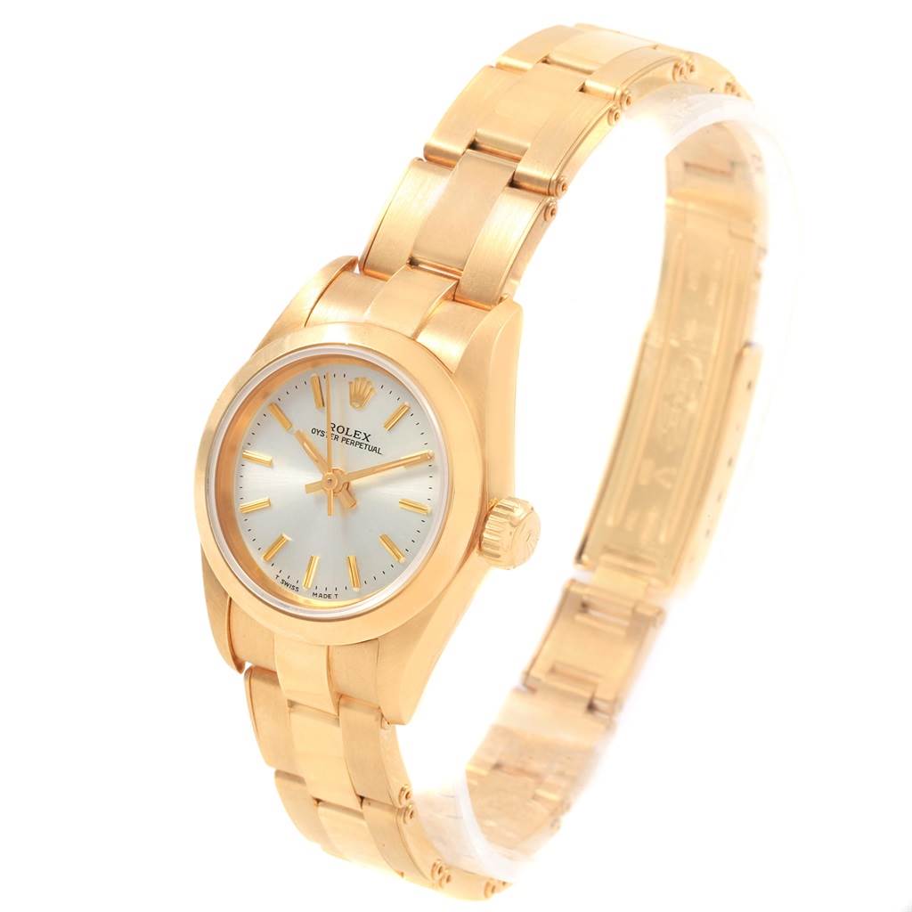 The image shows a Rolex President 67188 Women's Yellow Gold Silver Dial 67188 Women's Yellow Gold Silver Dial model watch at an angled view, highlighting the dial, case, and bracelet.