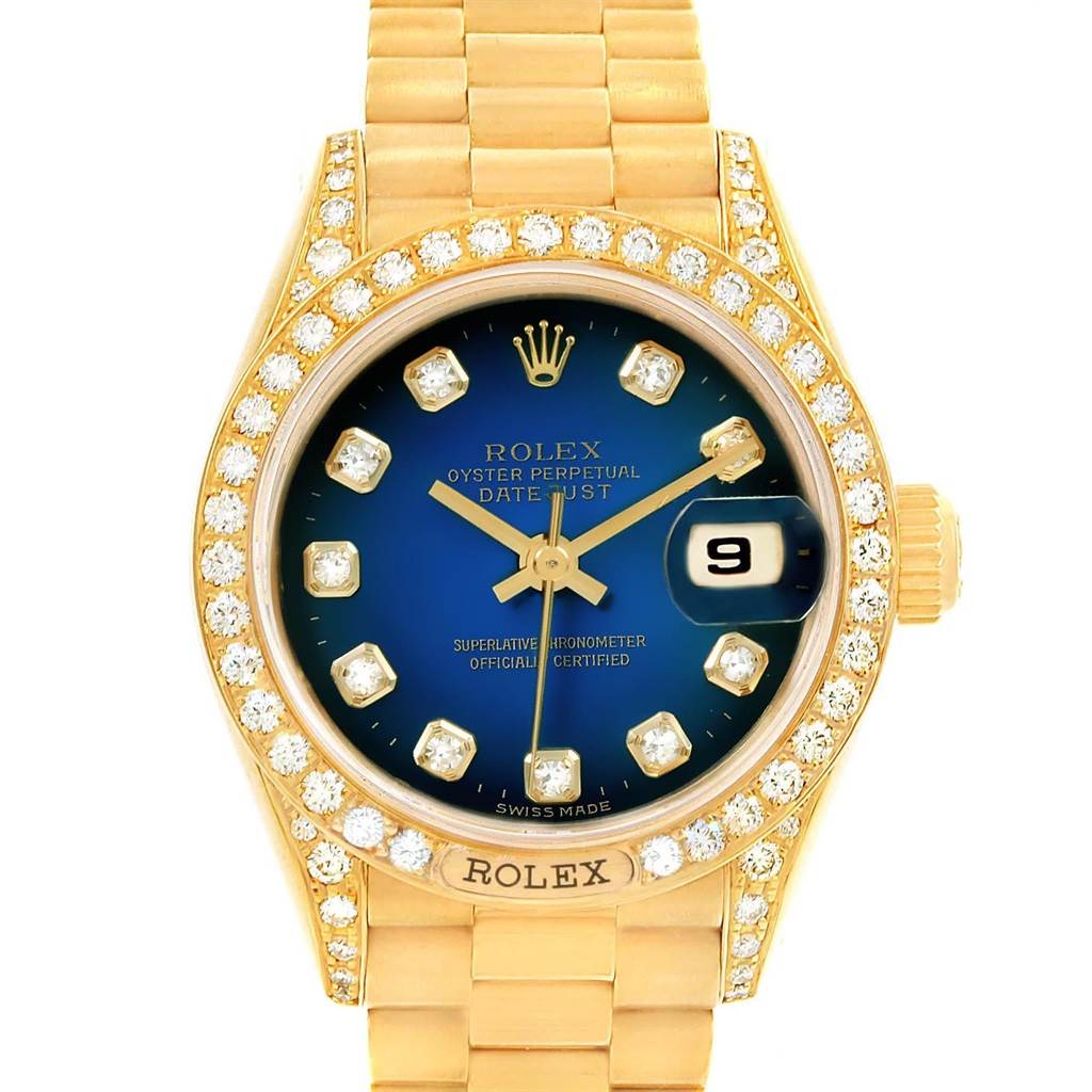Rolex President Crown Yellow Gold Blue Diamond Dial Ladies Watch 69158 ...