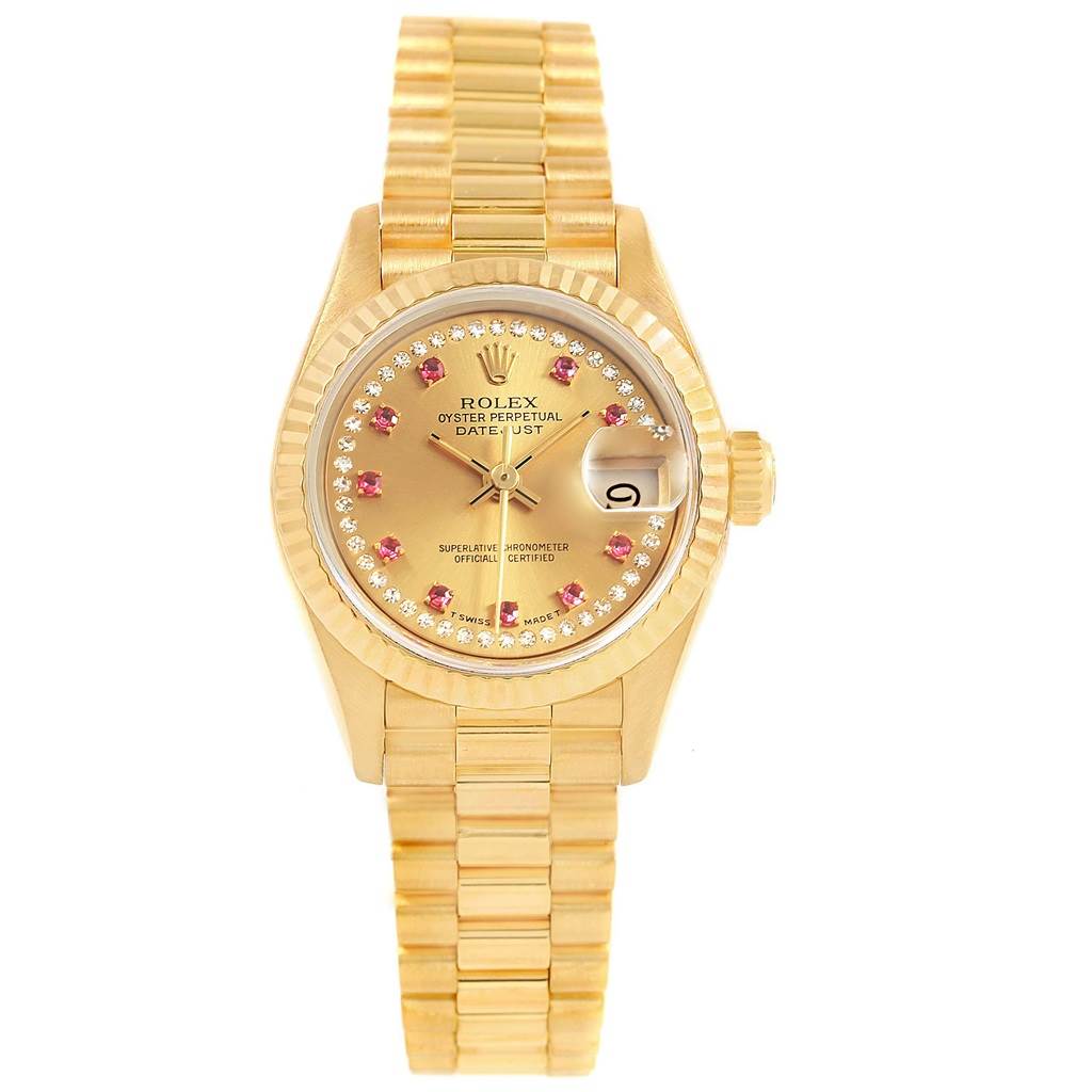 This image shows a full frontal view of the Rolex President 69178 Women
s Yellow Gold Champagne Dial 69178 Women
s Yellow Gold Champagne Dial model watch, highlighting the dial, bezel, and bracelet.