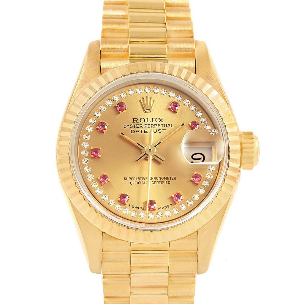 The image shows a front view of a Rolex President 69178 Women
s Yellow Gold Champagne Dial 69178 Women
s Yellow Gold Champagne Dial model watch, highlighting its dial, bezel, crown, and bracelet.