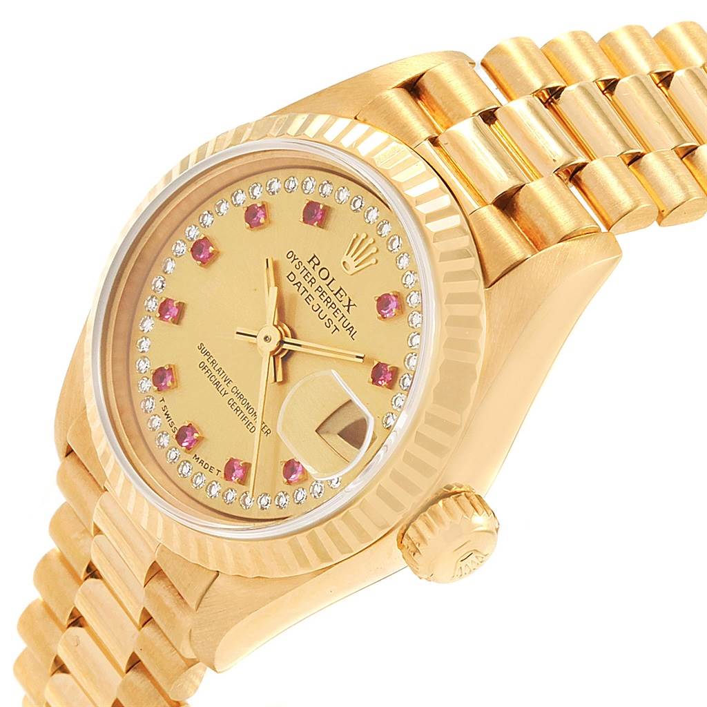 This image shows a side view of a Rolex President 69178 Women
s Yellow Gold Champagne Dial 69178 Women
s Yellow Gold Champagne Dial model watch, highlighting the dial, bracelet, crown, and bezel.