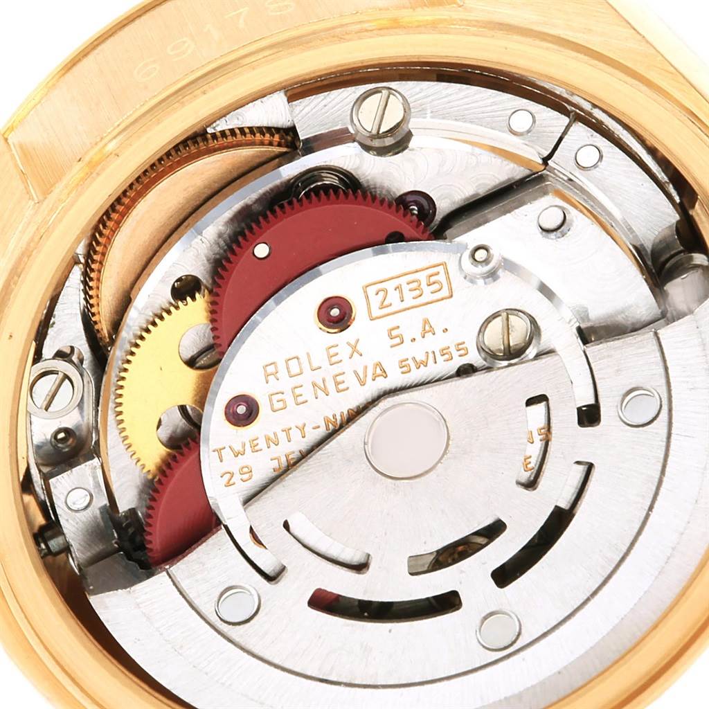 The image shows the internal movement mechanism of a Rolex President 69178 Women
s Yellow Gold Champagne Dial 69178 Women
s Yellow Gold Champagne Dial model watch from a top-down angle.