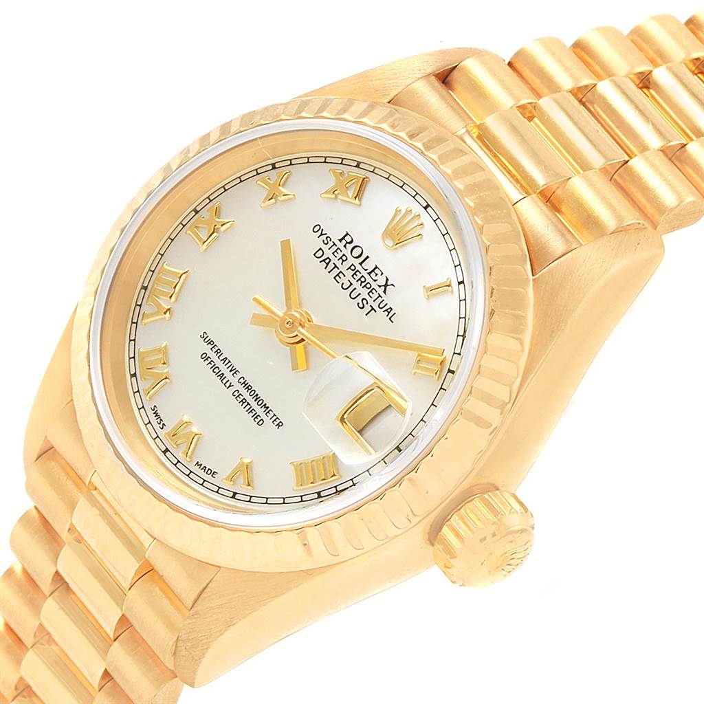 The image shows a close-up of the Rolex President 69178 Women
s Yellow Gold Mother of Pearl Dial 69178 Women
s Yellow Gold Mother of Pearl Dial model watch, highlighting the dial, bezel, crown, and part of the bracelet.