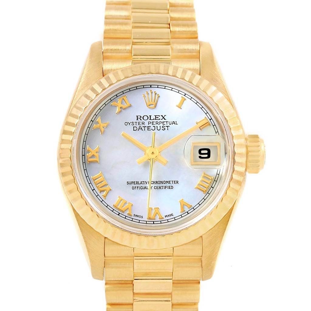 The image shows a frontal view of the Rolex President 69178 Women
s Yellow Gold Mother of Pearl Dial 69178 Women
s Yellow Gold Mother of Pearl Dial model watch, featuring the dial, crown, and bracelet.