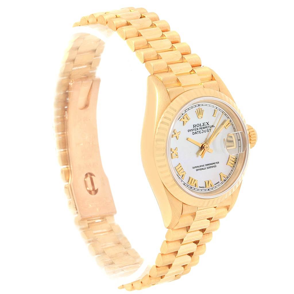 The image shows a Rolex President 69178 Women
s Yellow Gold Mother of Pearl Dial 69178 Women
s Yellow Gold Mother of Pearl Dial model watch, focusing on the face, band, and clasp at a side angle.