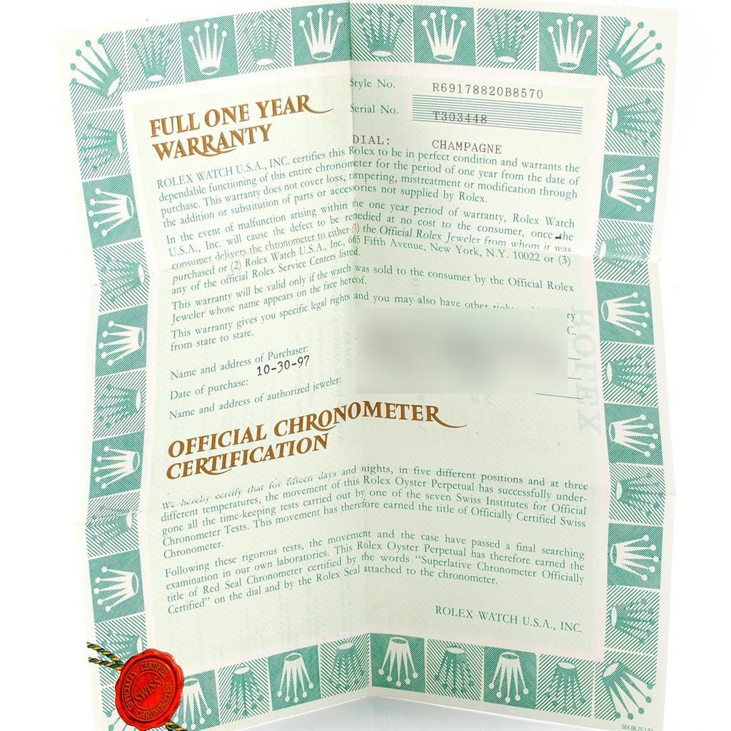 The image shows the warranty card and chronometer certification for a Rolex President 69178 Women
s Yellow Gold Champagne Dial 69178 Women
s Yellow Gold Champagne Dial model watch.