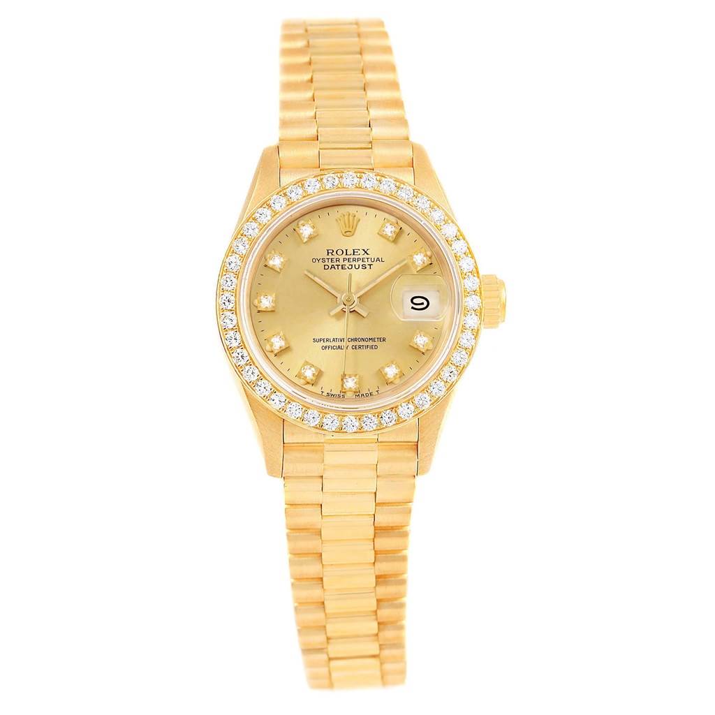 The image shows a frontal view of the Rolex President 69178 Women
s Yellow Gold Champagne Dial 69178 Women
s Yellow Gold Champagne Dial model watch, displaying its face, bezel, and bracelet.