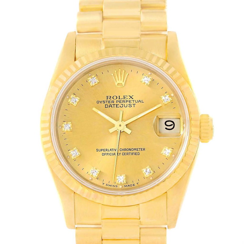 Rolex President Datejust 31 Midsize Gold Diamond Watch 68278 SwissWatchExpo