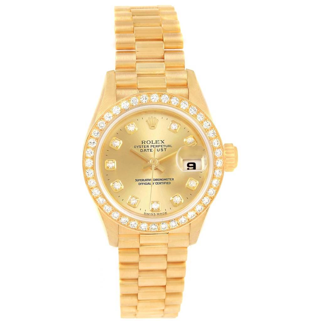 The image shows a frontal view of a Rolex President 79138 Women's Yellow Gold Champagne Dial 79138 Women's Yellow Gold Champagne Dial model watch, displaying its face, bezel, and bracelet.