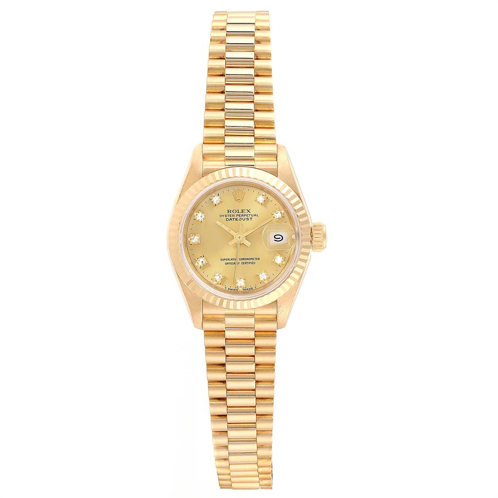 This image shows a front view of a Rolex President 69178 Women's Yellow Gold Champagne Dial 69178 Women's Yellow Gold Champagne Dial model watch featuring a gold bracelet and date display.