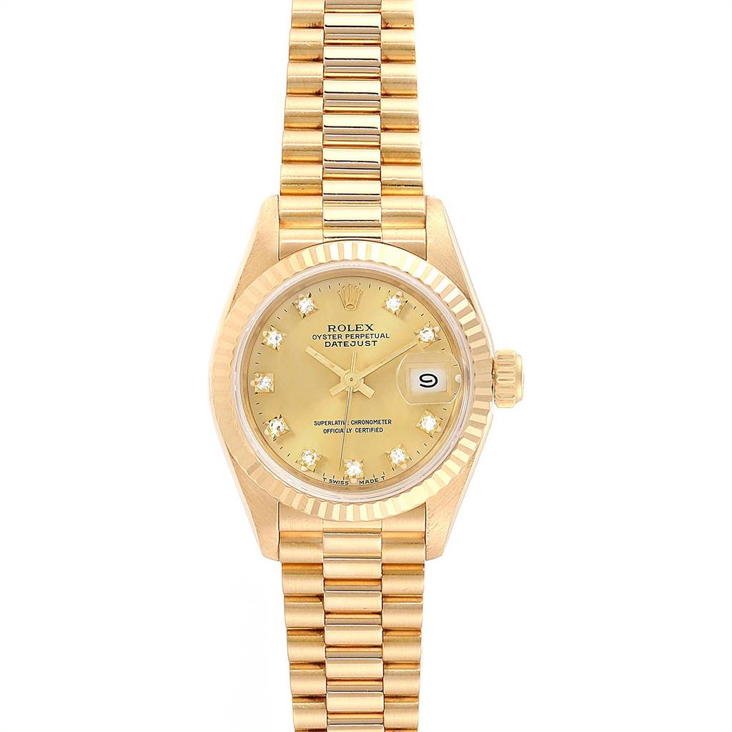 The image shows a frontal view of a Rolex President 69178 Women's Yellow Gold Champagne Dial 69178 Women's Yellow Gold Champagne Dial model watch, displaying its gold dial, bracelet, and date window.