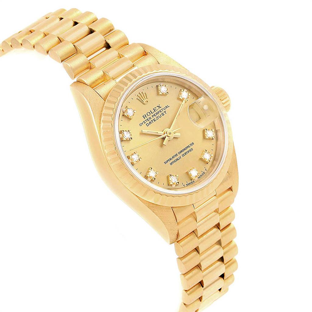 The image shows a Rolex President 69178 Women's Yellow Gold Champagne Dial 69178 Women's Yellow Gold Champagne Dial model watch at an angled view, highlighting the face, bezel, dial, and bracelet.