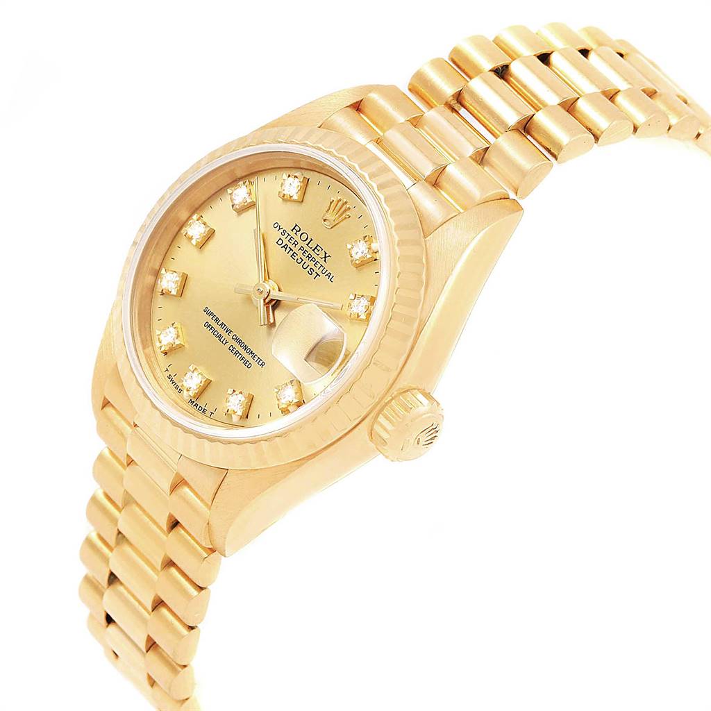 This image shows a Rolex President 69178 Women's Yellow Gold Champagne Dial 69178 Women's Yellow Gold Champagne Dial model watch angled from the front-left, displaying the face, crown, and part of the bracelet.