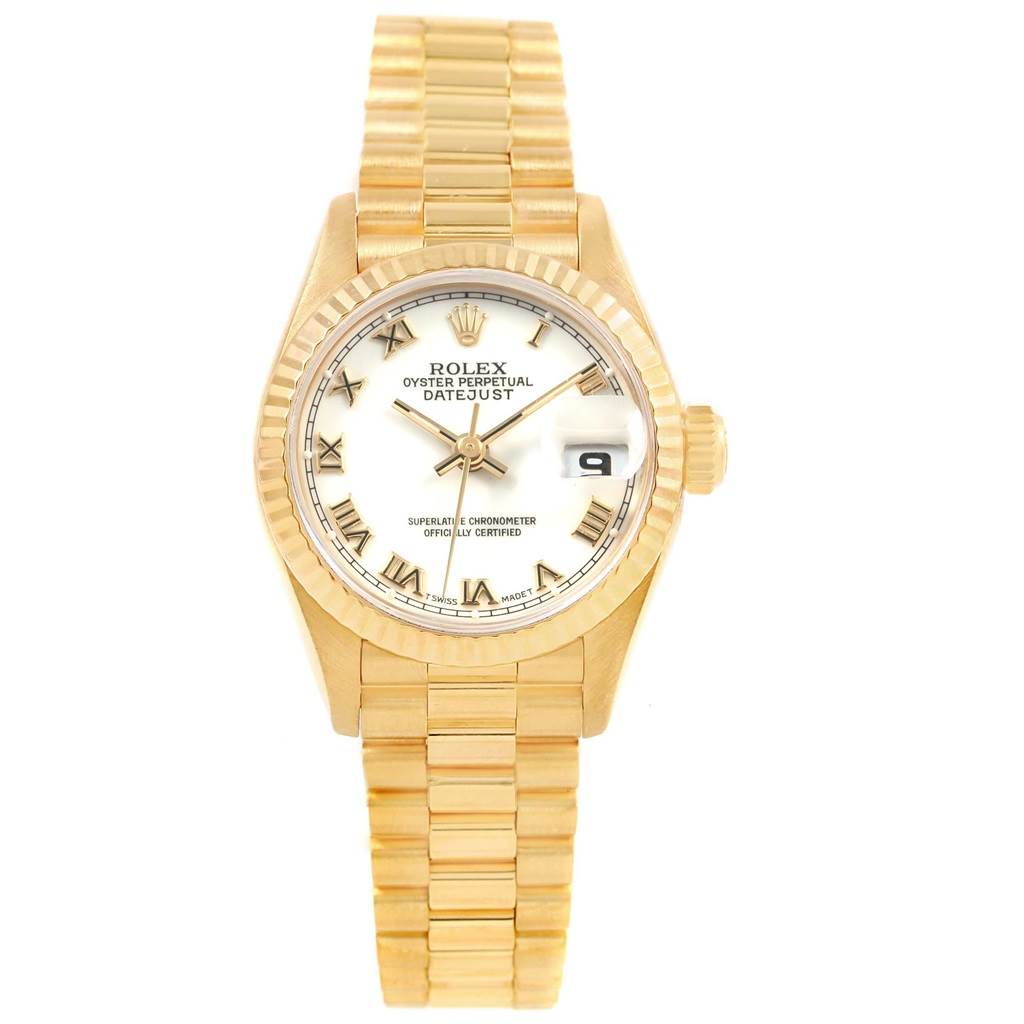 This Rolex President 69178 Women's Yellow Gold White Dial 69178 Women's Yellow Gold White Dial model watch is shown from the front, displaying the dial, bezel, crown, and bracelet.