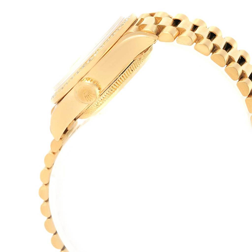 The image shows a side view of the Rolex President 69138 Women's Yellow Gold Champagne Dial 69138 Women's Yellow Gold Champagne Dial model watch, highlighting the case, crown, and bracelet.