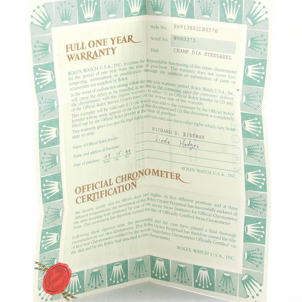 The image shows a full one-year warranty and official chronometer certification for the Rolex President 69138 Women's Yellow Gold Champagne Dial 69138 Women's Yellow Gold Champagne Dial model.