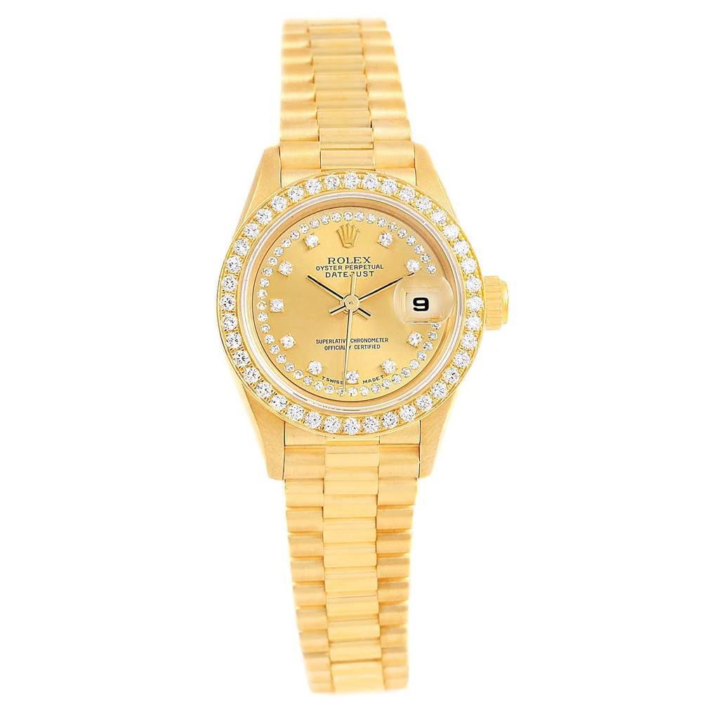 This Rolex President 69138 Women's Yellow Gold Champagne Dial 69138 Women's Yellow Gold Champagne Dial model watch is shown from a top-down angle, displaying the face, bezel, and bracelet.