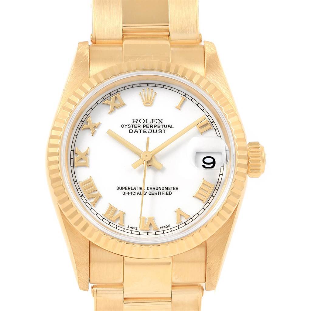 The image shows a frontal view of the Rolex President 78278 Women
s Yellow Gold White Dial 78278 Women
s Yellow Gold White Dial model watch, including the watch face, bezel, crown, and part of the bracelet.
