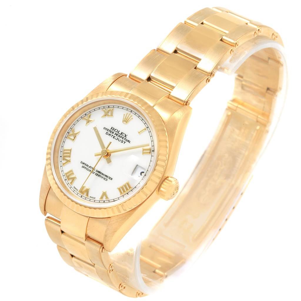 The image shows a Rolex President 78278 Women
s Yellow Gold White Dial 78278 Women
s Yellow Gold White Dial model watch at a slight angle, highlighting its face, bezel, crown, and bracelet.
