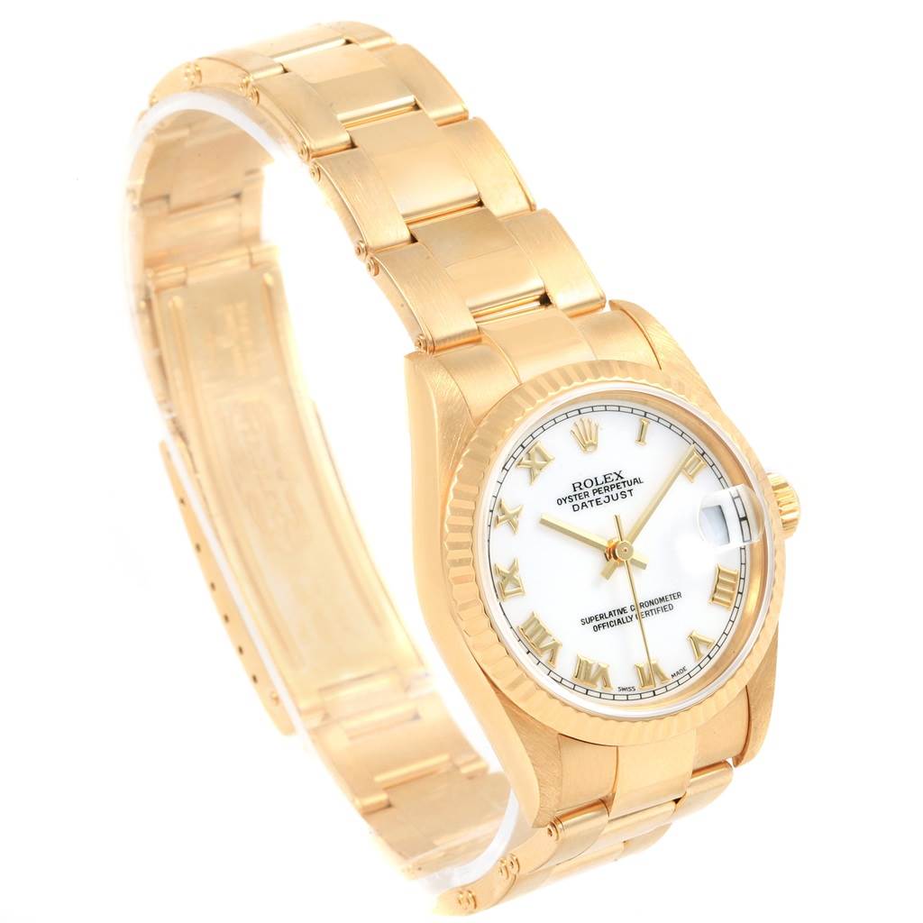 The Rolex President 78278 Women
s Yellow Gold White Dial 78278 Women
s Yellow Gold White Dial model watch is shown from an angled top view, displaying the bracelet, dial, and fluted bezel.