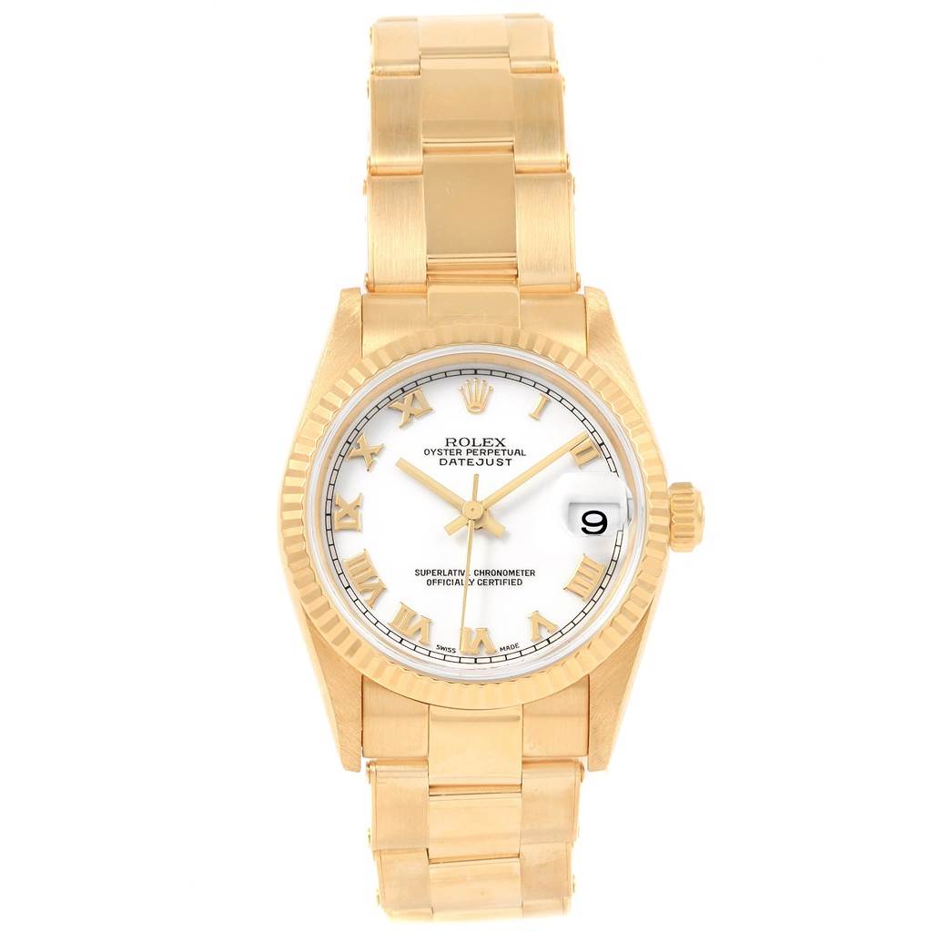 The image shows a frontal view of the Rolex President 78278 Women
s Yellow Gold White Dial 78278 Women
s Yellow Gold White Dial model watch, featuring its dial, bracelet, and bezel.