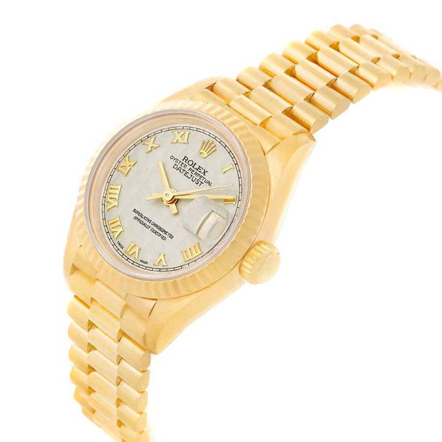 The image shows a Rolex President 69178 Women's Yellow Gold Beige Dial 69178 Women's Yellow Gold Beige Dial model watch at an oblique angle, highlighting its gold case, dial, and bracelet.