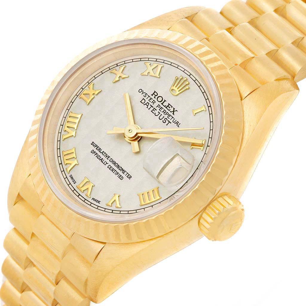 This image shows a close-up of the Rolex President 69178 Women's Yellow Gold Beige Dial 69178 Women's Yellow Gold Beige Dial model, highlighting the dial, bezel, crown, and part of the bracelet.