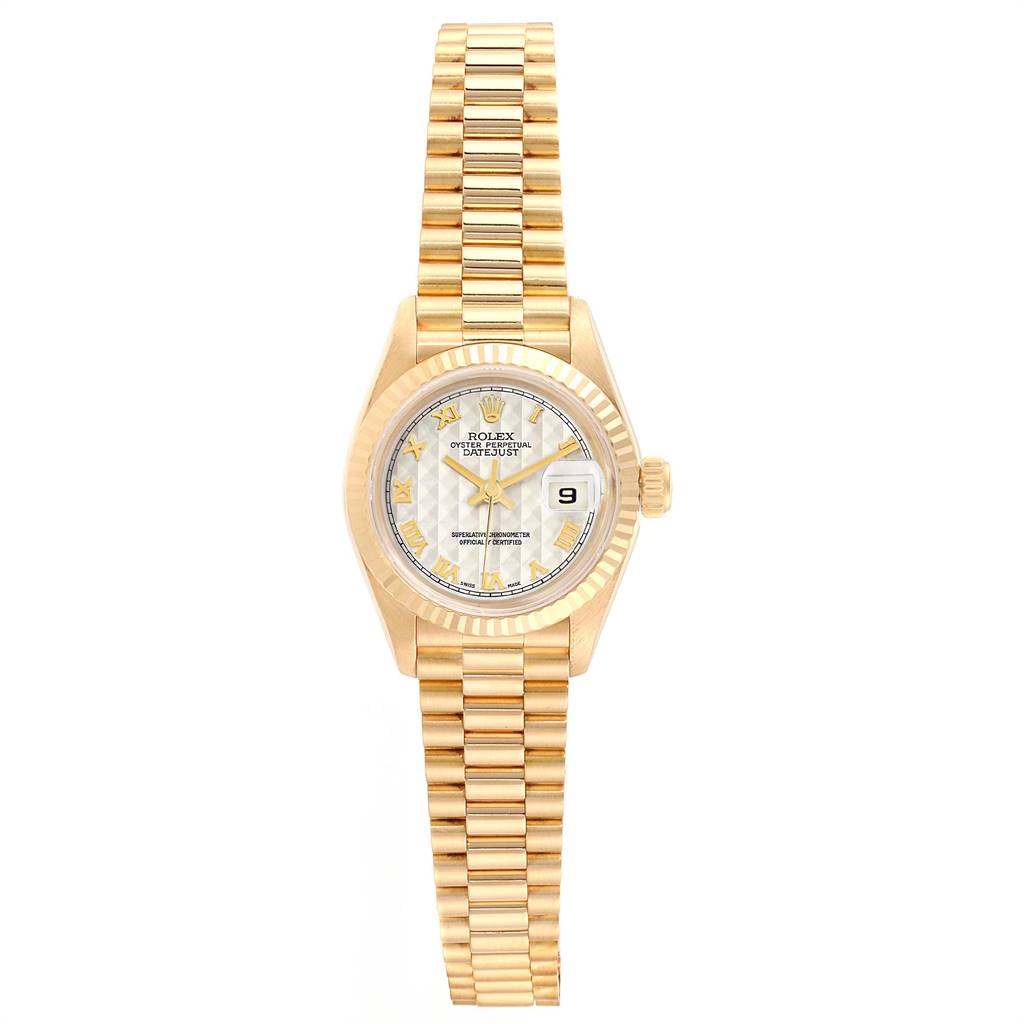 This image shows a frontal view of the Rolex President 69178 Women's Yellow Gold Beige Dial 69178 Women's Yellow Gold Beige Dial model watch, highlighting its face, bezel, crown, and bracelet.