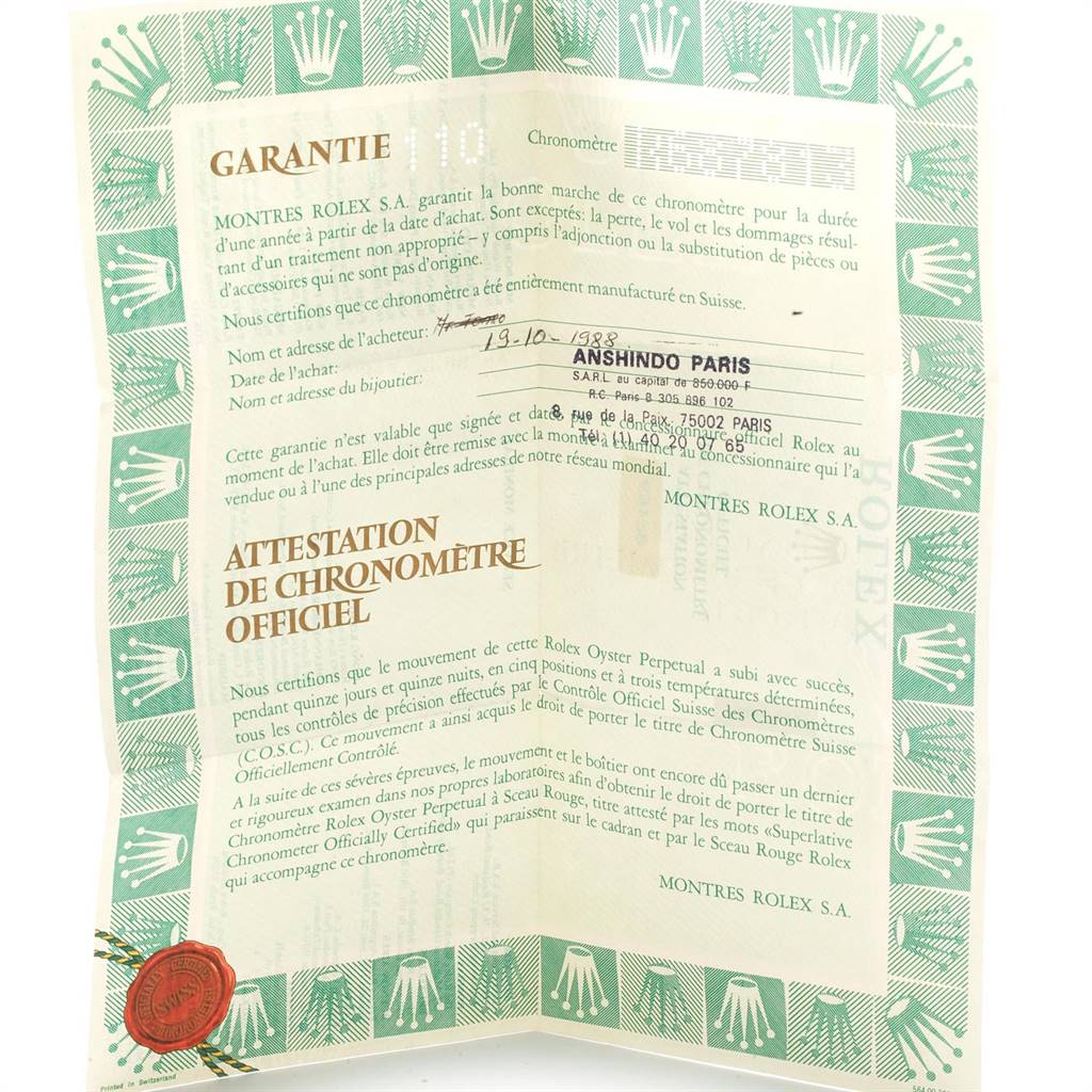 The image shows an official Chronometer Certification and warranty paper for a Rolex President 69178 Women's Yellow Gold Beige Dial 69178 Women's Yellow Gold Beige Dial model watch.