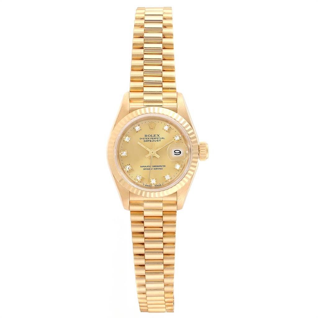 The image shows a Rolex President 69178 Women
s Yellow Gold Champagne Dial 69178 Women
s Yellow Gold Champagne Dial model watch, displaying the dial, hands, date window, and bracelet from a front angle.