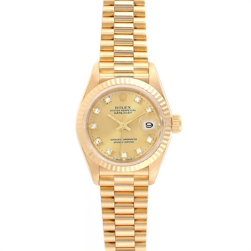 The Rolex President 69178 Women
s Yellow Gold Champagne Dial 69178 Women
s Yellow Gold Champagne Dial model watch is shown from the front, displaying the dial, bezel, and bracelet.