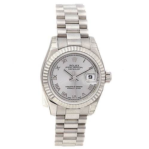 The image shows the front view of a Rolex President 179179 Women's White Gold Grey Dial 179179 Women's White Gold Grey Dial model watch, displaying the dial, bezel, case, and bracelet.