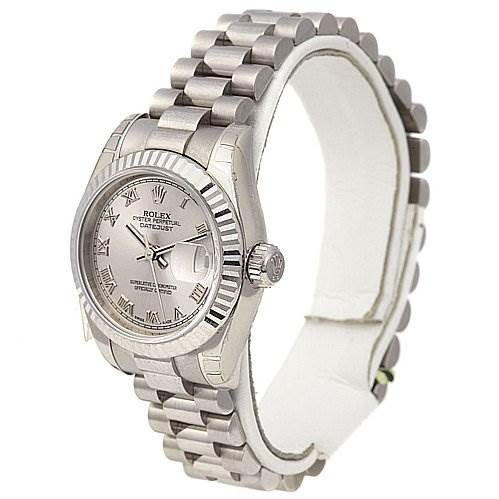 The image shows a side view of a Rolex President 179179 Women's White Gold Grey Dial 179179 Women's White Gold Grey Dial model watch, displaying its silver dial, fluted bezel, and linked bracelet.