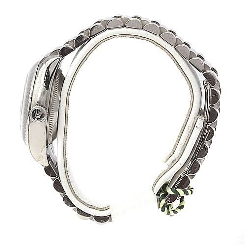 The image shows a side profile of the Rolex President 179179 Women's White Gold Grey Dial 179179 Women's White Gold Grey Dial model, highlighting the bracelet, crown, and case.