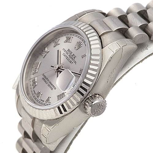 This image shows a side angle of the Rolex President 179179 Women's White Gold Grey Dial 179179 Women's White Gold Grey Dial model, highlighting the watch face, bezel, crown, and part of the band.