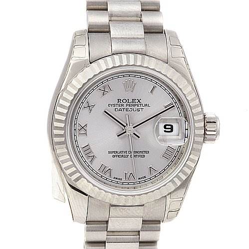 The image shows a Rolex President 179179 Women's White Gold Grey Dial 179179 Women's White Gold Grey Dial model watch from a front angle, displaying its face, bezel, and bracelet.