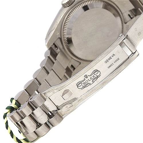 This image shows the back view of a Rolex President 179179 Women's White Gold Grey Dial 179179 Women's White Gold Grey Dial model watch, focusing on the bracelet and clasp with the Rolex engraving visible.