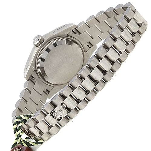 The image shows the back view and bracelet of a Rolex President 179179 Women's White Gold Grey Dial 179179 Women's White Gold Grey Dial model watch, highlighting the clasp and crown.