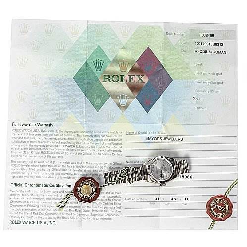 The image shows a Rolex President 179179 Women's White Gold Grey Dial 179179 Women's White Gold Grey Dial watch laid flat with its warranty card and official chronometer certification documentation.