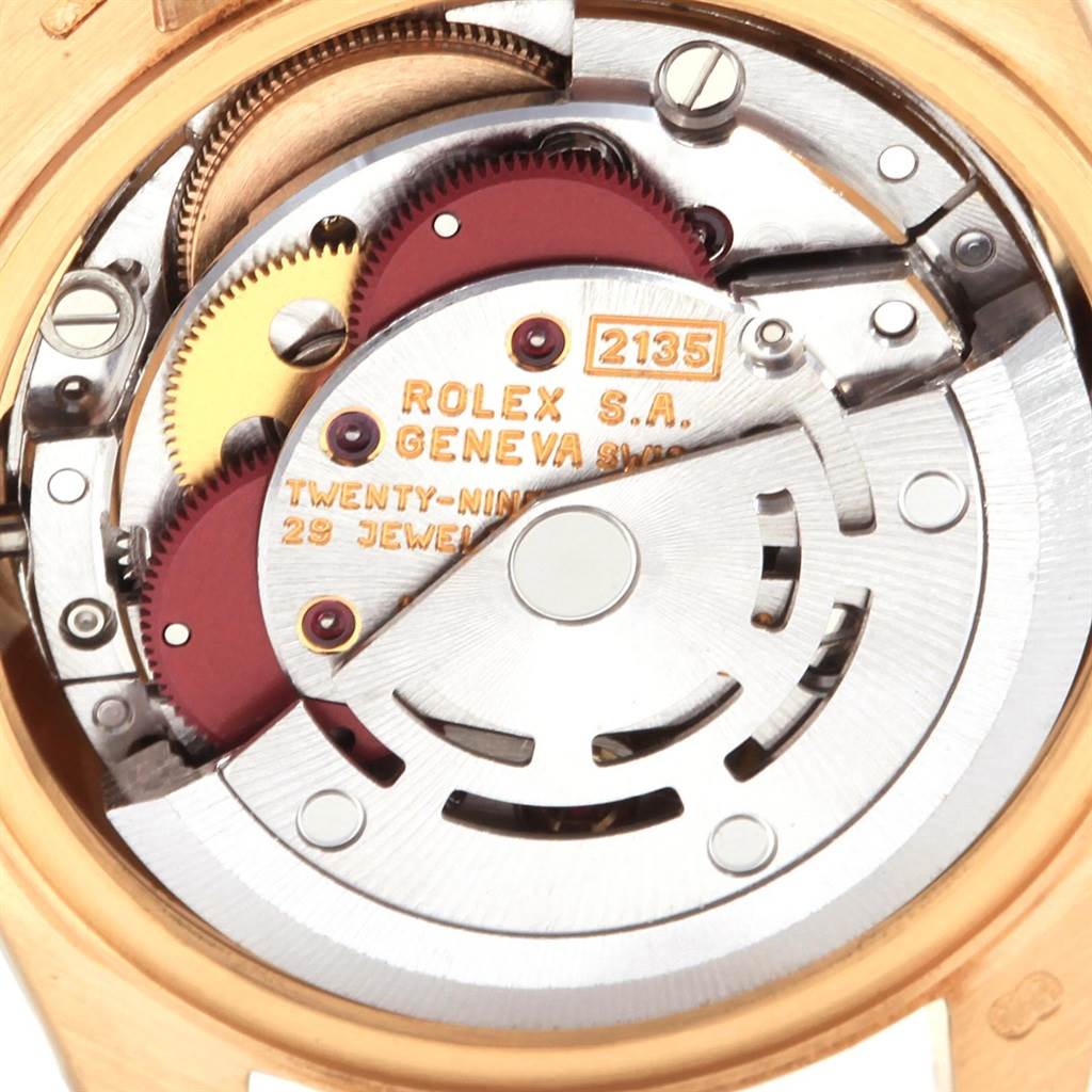 This image shows a close-up of the internal mechanism of a Rolex President 69278 Women
s Yellow Gold White Dial 69278 Women
s Yellow Gold White Dial model watch.