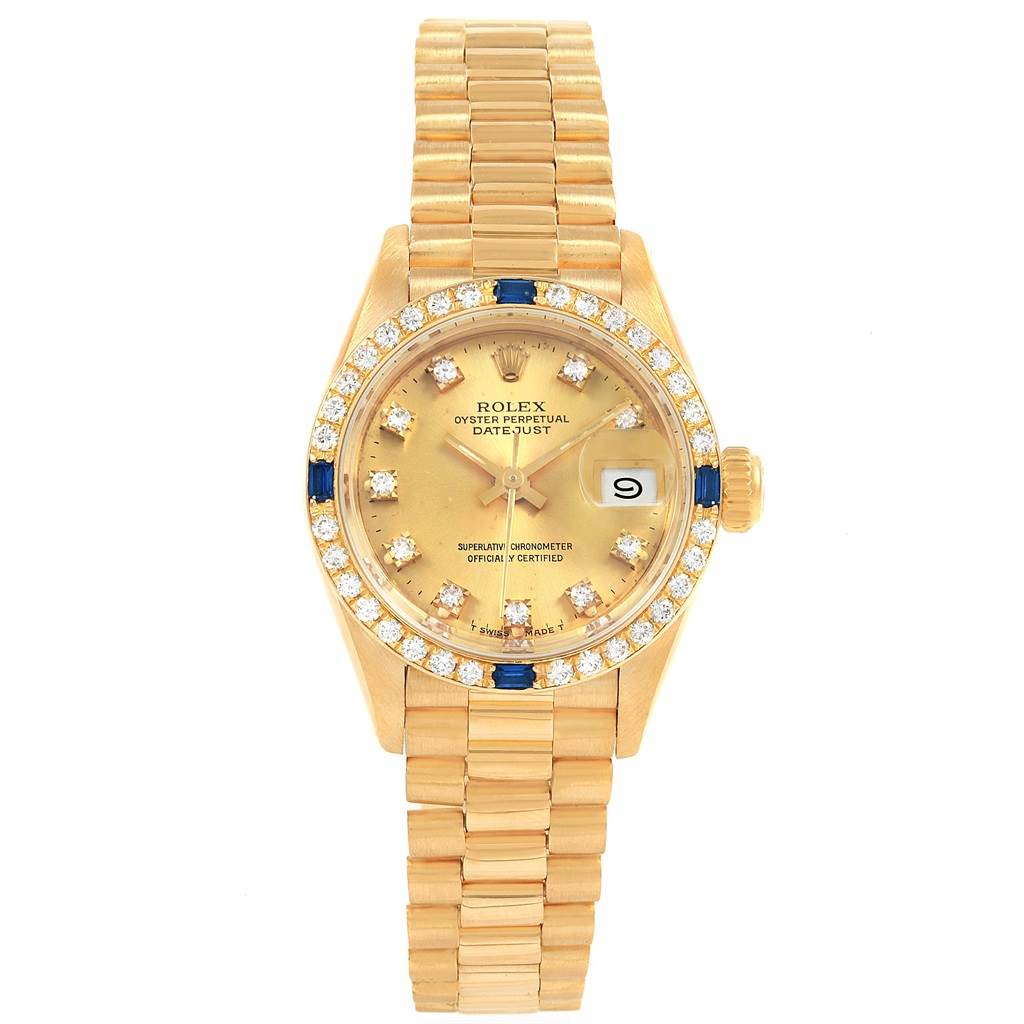 The Rolex President 79088 Women
s Yellow Gold Champagne Dial 79088 Women
s Yellow Gold Champagne Dial model watch is shown from a top-down angle, displaying the watch face, bezel, and bracelet.