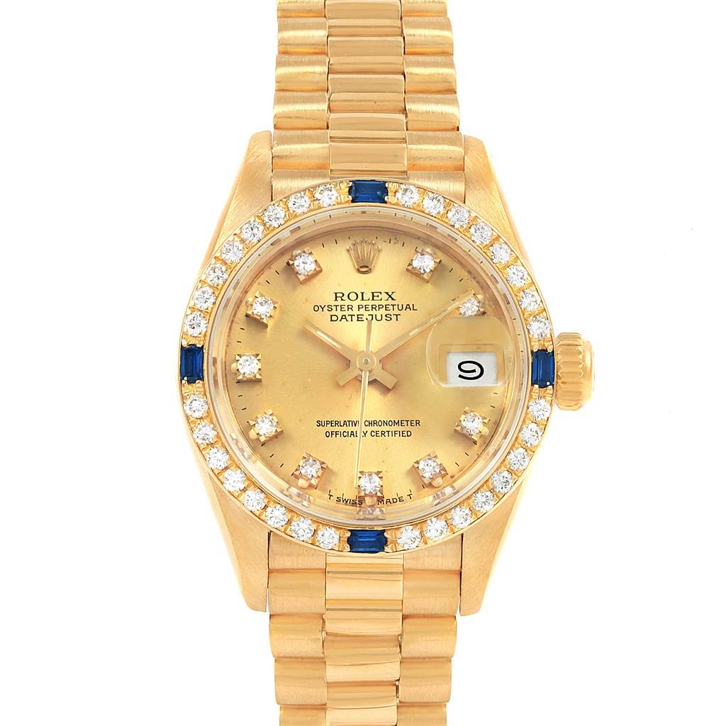 This image shows a front view of the Rolex President 79088 Women
s Yellow Gold Champagne Dial 79088 Women
s Yellow Gold Champagne Dial Datejust watch, highlighting the dial, hands, date window, and bracelet.