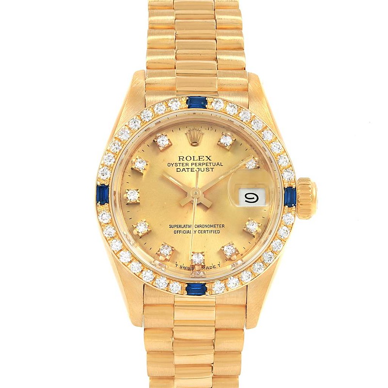 Rolex President Datejust Yellow Gold Diamond Sapphire Ladies Watch 69178 SwissWatchExpo
